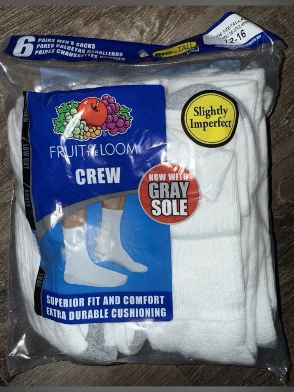 Fruit of the Loom 6-Pair White Socks Crew Sock Cotton Blend Big Tall Size 12-16